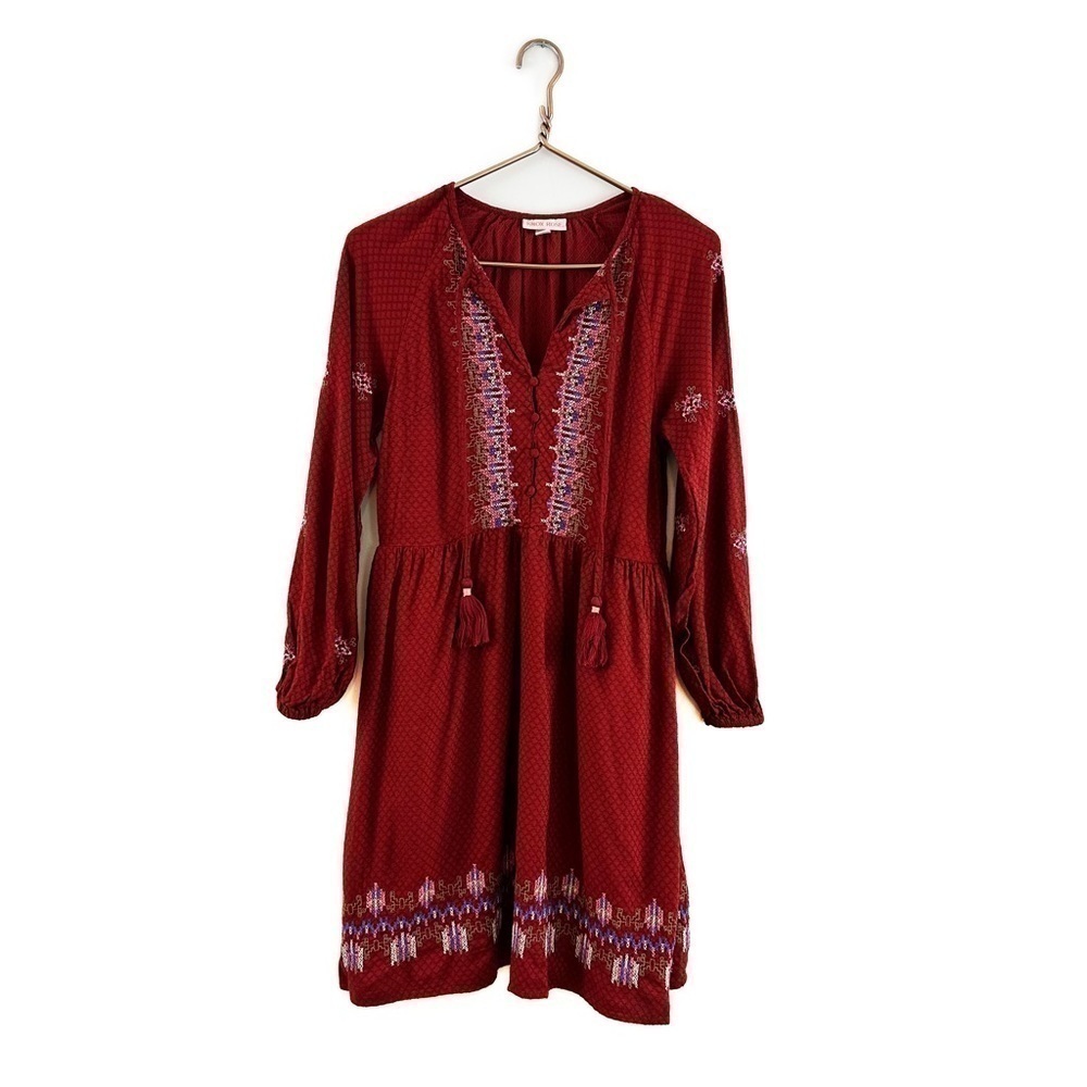 Knox Rose Womens Small Red Boho Embroidered Peasant Dress With Pockets